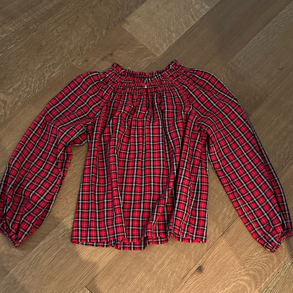 Old Navy Small Red Black Christmas Smocked Plaid Ruched Puff Sleeve Shirt Top